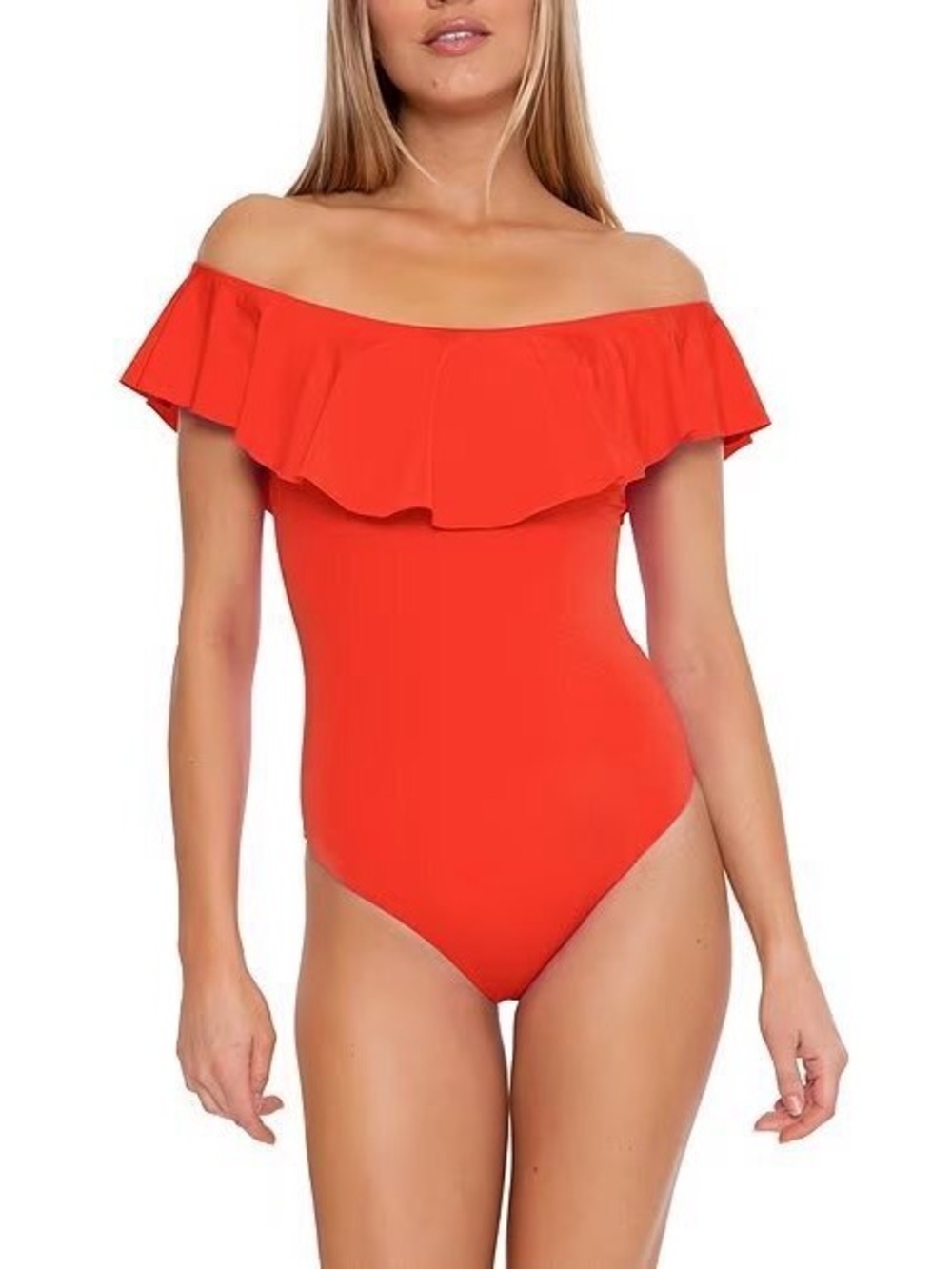 Trina Turk Flame Monaco Ruffle Off Shoulder One Piece Swimsuit